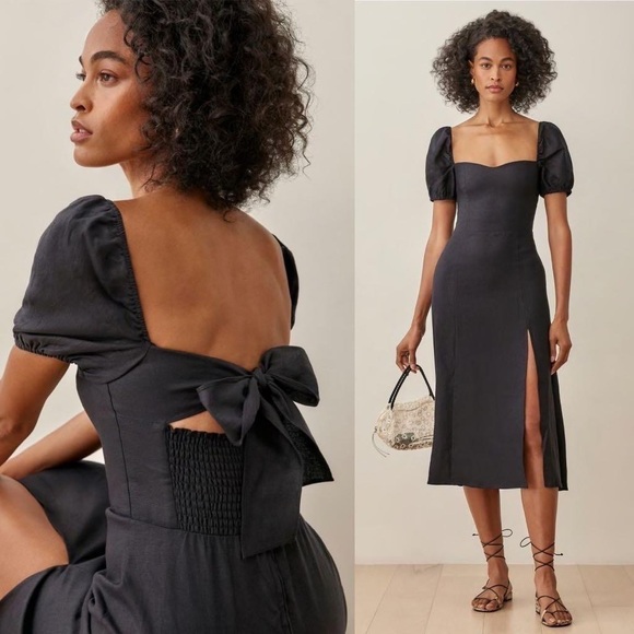 Reformation Dress Denver Linen Slit Tie-Back Midi Wedding Summer Black 6 GUC - Picture 6 of 6